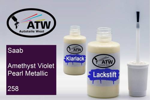 Saab, Amethyst Violet Pearl Metallic, 258: 20ml Lackstift + 20ml Klarlack - Set, von ATW Autoteile West.